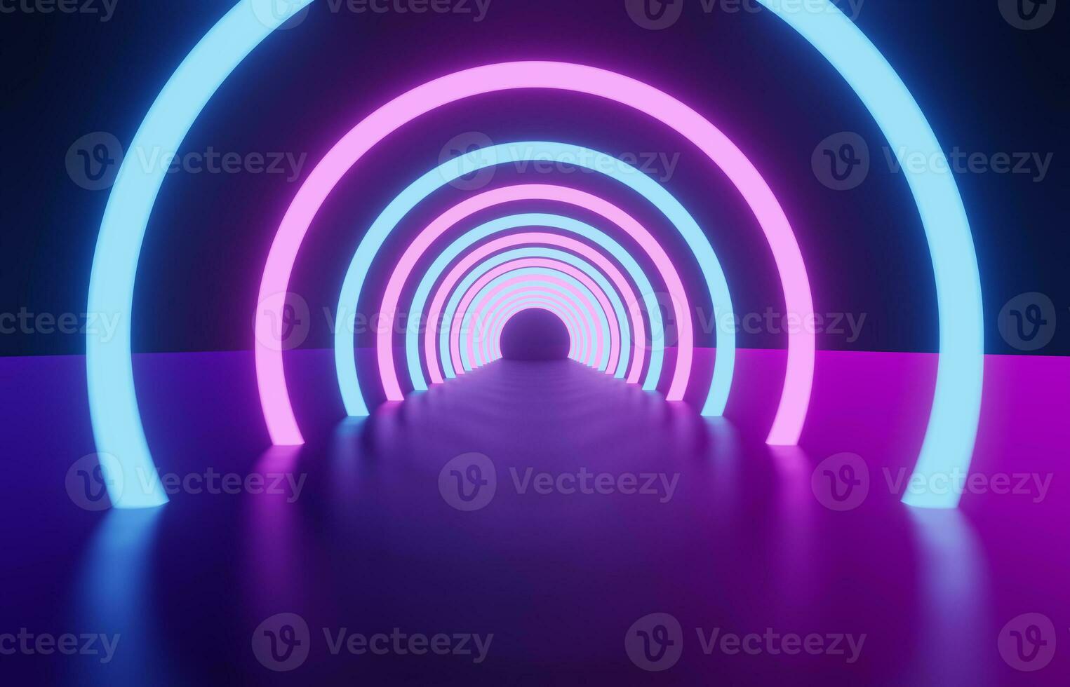 3d rendering of glowing neon ring and dark blue-purple background. Cyber Futuristic High Speed light zoom. Circles show fashion. Backdrop beam .Abstract Light fast night with way Spaceship Concept photo