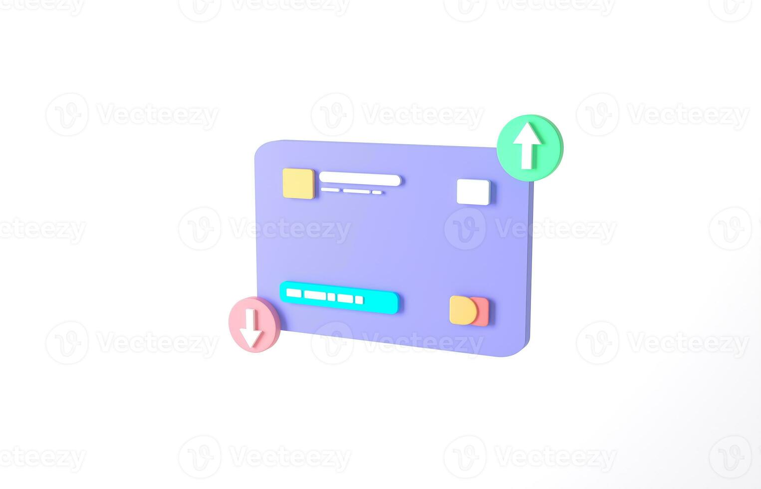 3D rendering blue or purple credit card to online payment, online mobile banking and payment transaction on white background. Correct credit card icon for contactless payments, online shopping concept photo