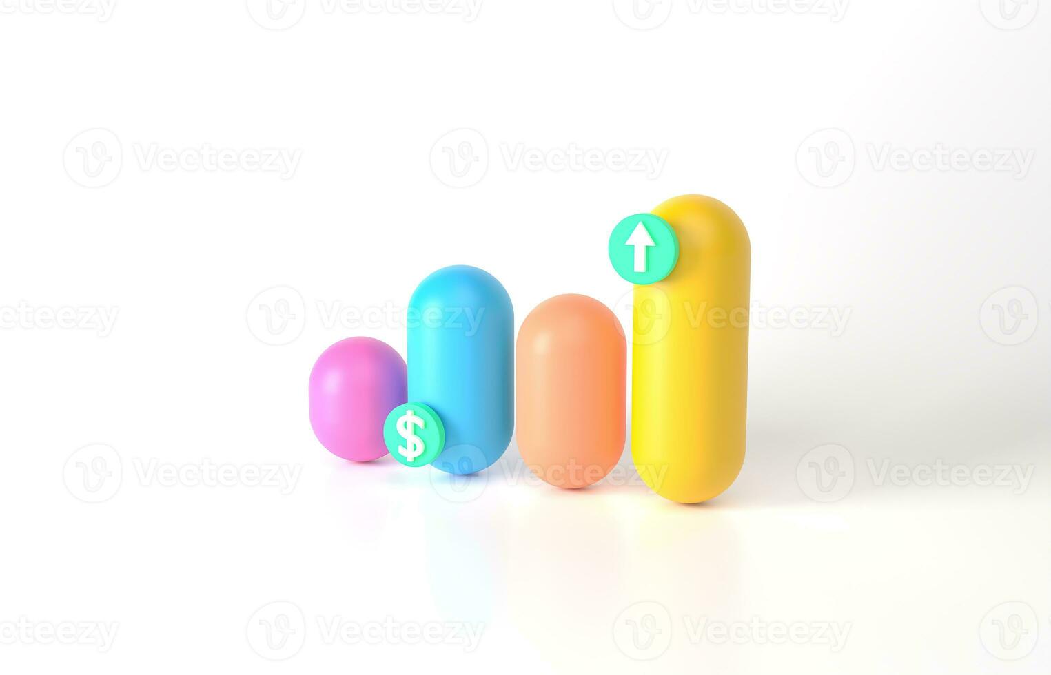 3d rendering minimal Growth or increase concept. Success up achievement or goal business motivation. Infographic graph colorful pastel cylinders on white background, modern minimal target planning. photo