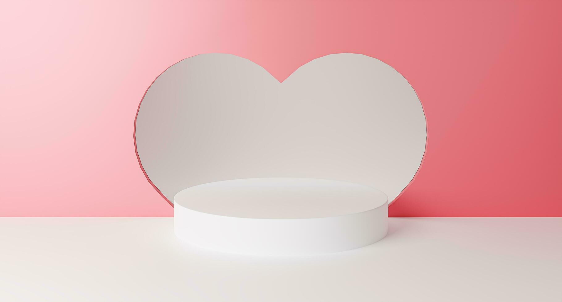 Valentine's day stage podium mock up with pink heart product display showcase 3d render. Premium modern podium stand. Holiday greeting card for Valentine's Day with copy space on February 14 of love. photo