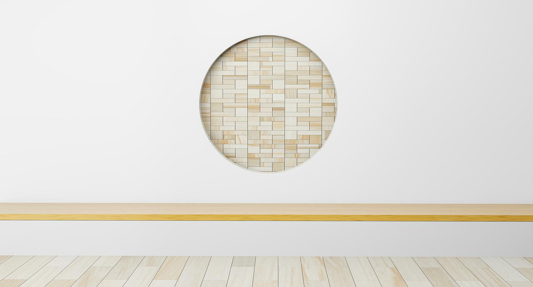 Scene empty room with circle ideas. japanese room interior. Circle shelf wall design empty Living room japanese style room. Mock up Designe specifically. 3D rendering photo