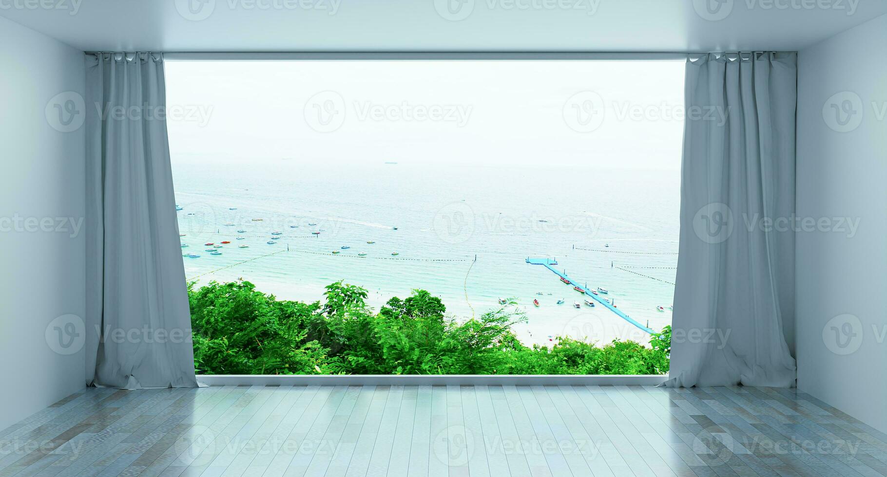 Minimal Luxury beach house with sea view from a height on terrace modern design, Empty white room and sea view. 3d rendering. summer holiday Pool villa interior.  minimal architecture design photo