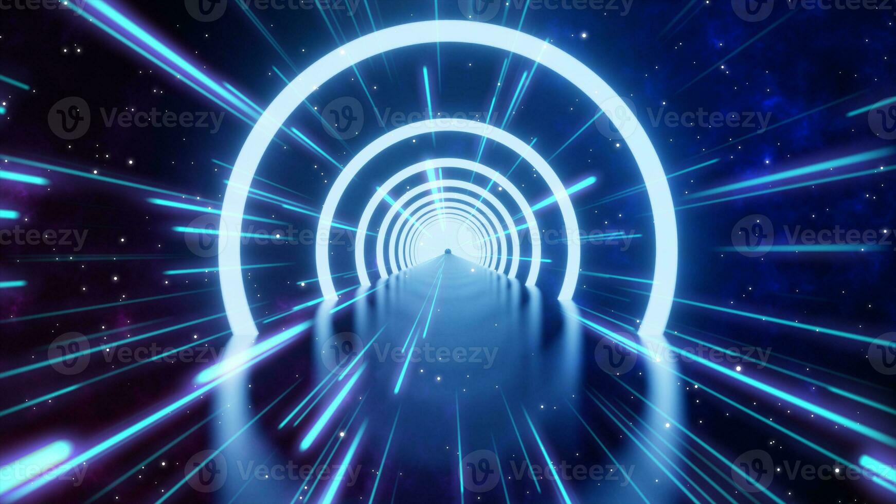 Loop motion of glowing neon ring and dark galaxy star background. Cyber Futuristic High Speed light zoom. Circles laser show fashion. Backdrop beam blur Flare.Abstract Light fast night with way space photo