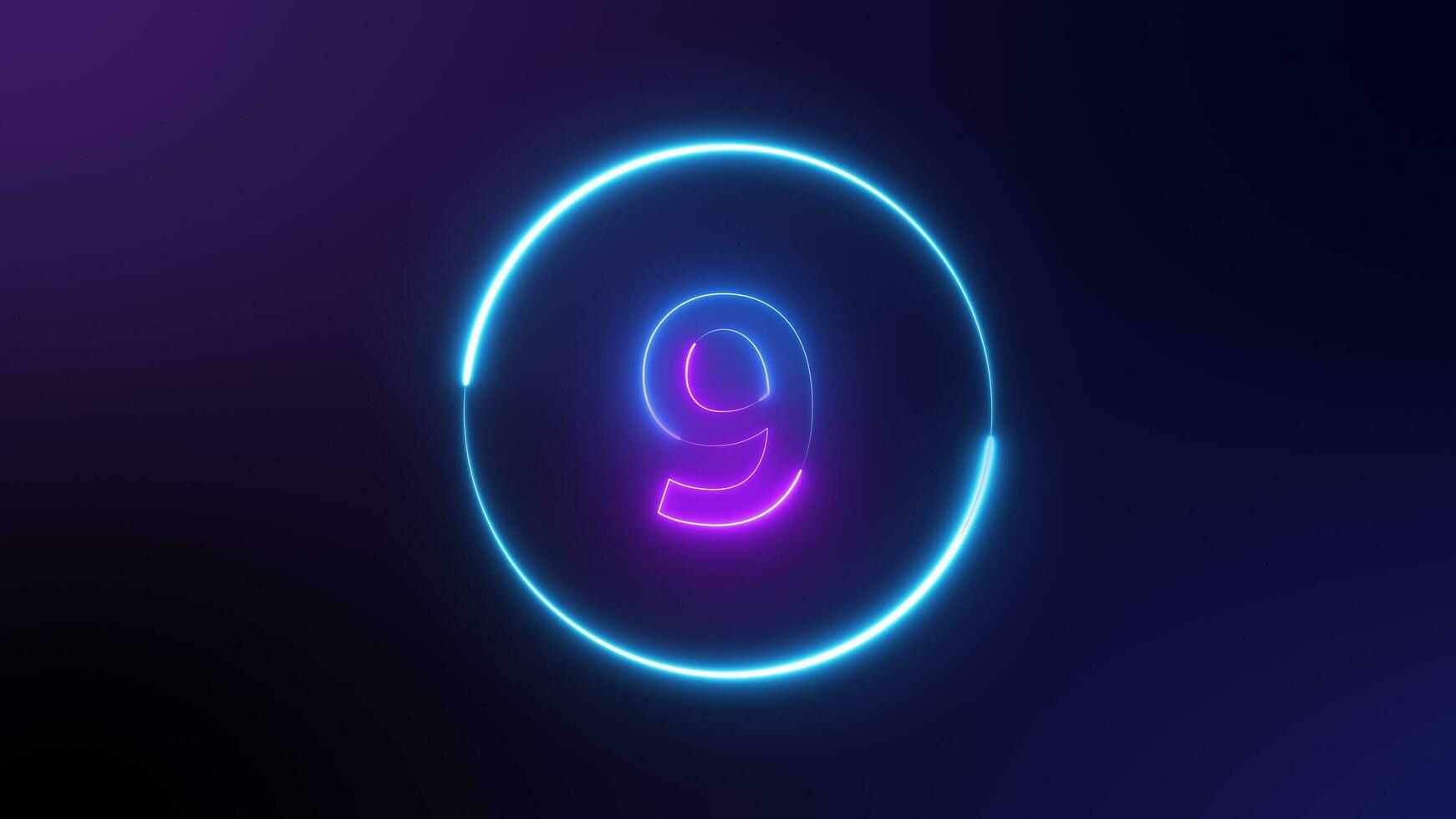 Number 9 glowing in the dark, pink blue neon light. top number one neon light bright glowing. Purple and blue Neon on dark background. winner photo