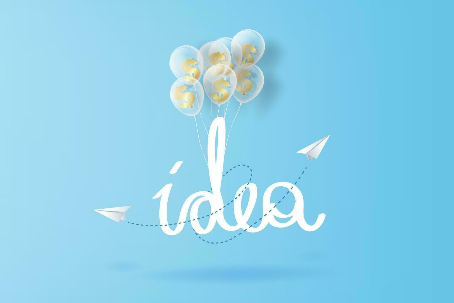 Idea hand draw typography.paper airplanes flying on blue sky and clouds, Creative paper cut business success and balloons with dollar money concept idea, text space background.Vector illustration vector