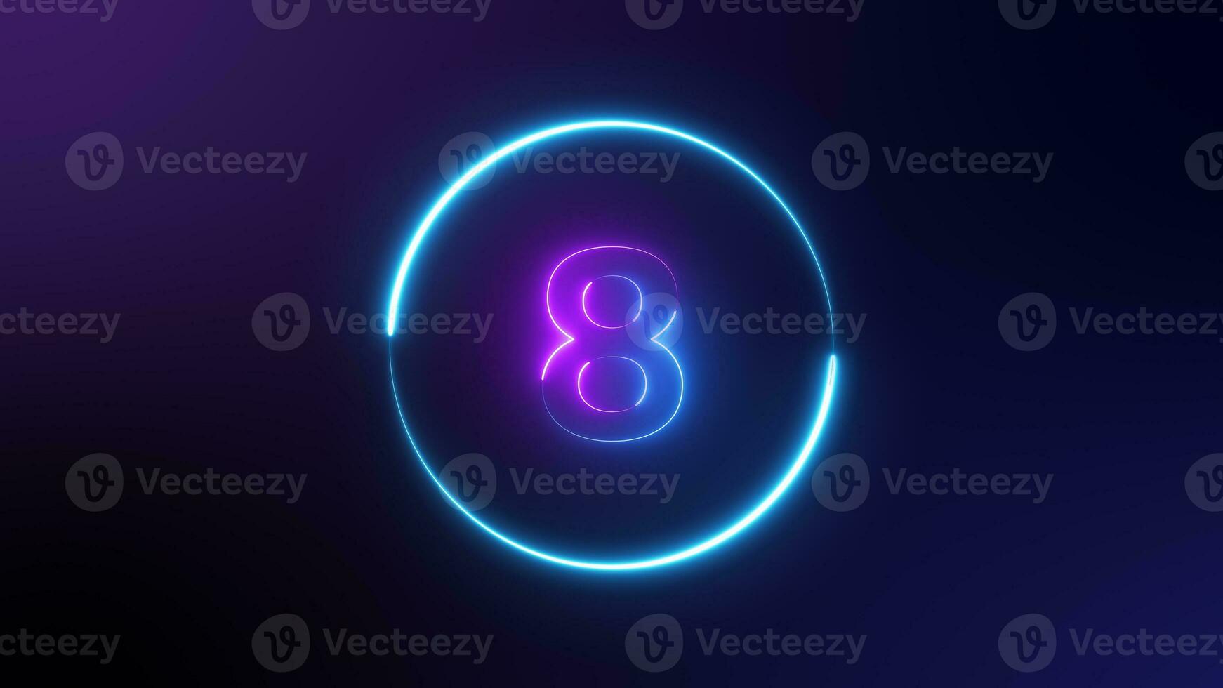 Number 8 glowing in the dark, pink blue neon light. top number one neon light bright glowing. Purple and blue Neon on dark background. winner photo
