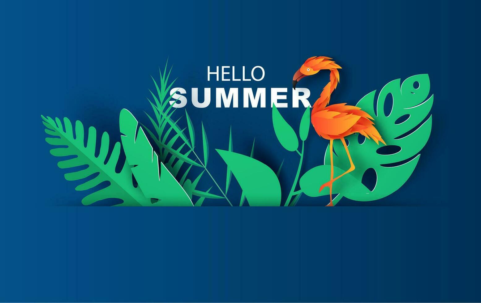 Summer sale banner with paper cut flamingo and tropical leaves on blue background. exotic floral design for banner and cover web, flyer, invitation, poster or greeting card. Paper cut style. vector