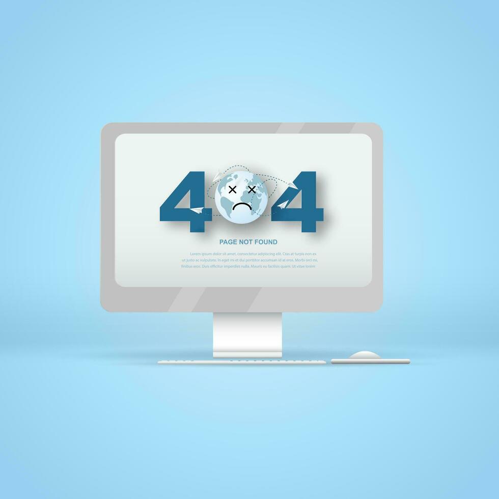 página no encontró 404. 404 error página con mundo dibujos animados y papel origami avión volador en tráfico congestión concepto. enlace a vacío no existente página. ver computadora escritorio trabajadores refacción sitio web vector