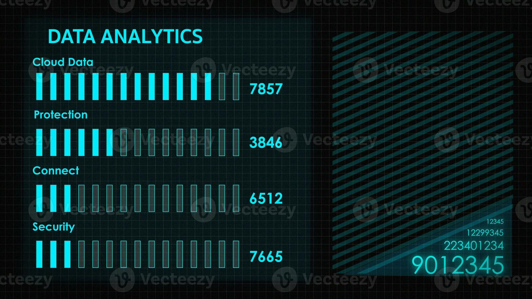 HUD graphic of screen. Futuristic user interface glow GUI digital text and number random element for cyber technology concept. Focus graph and  charts depth of field dark and grain processed. photo