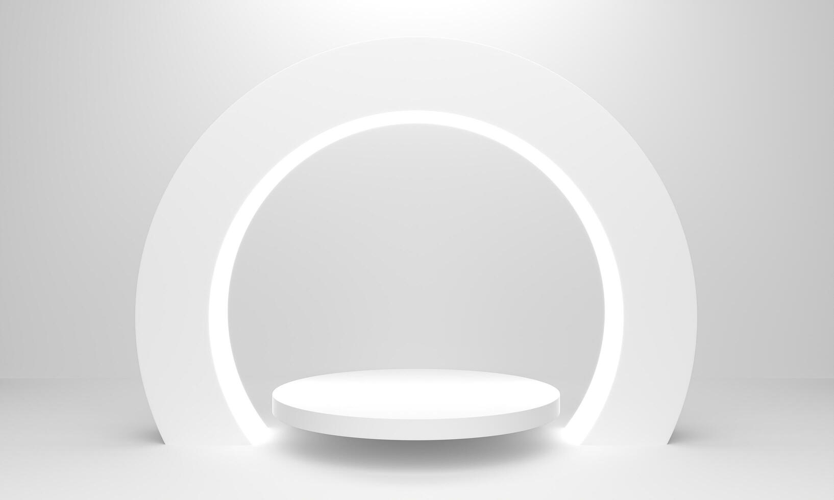 Modern minimal scene with geometrical circle. Cylinder circle neon on podiums in white background. Scene stand to show cosmetic product, Showcase, shopfront, display case. 3d rendering illustration. photo