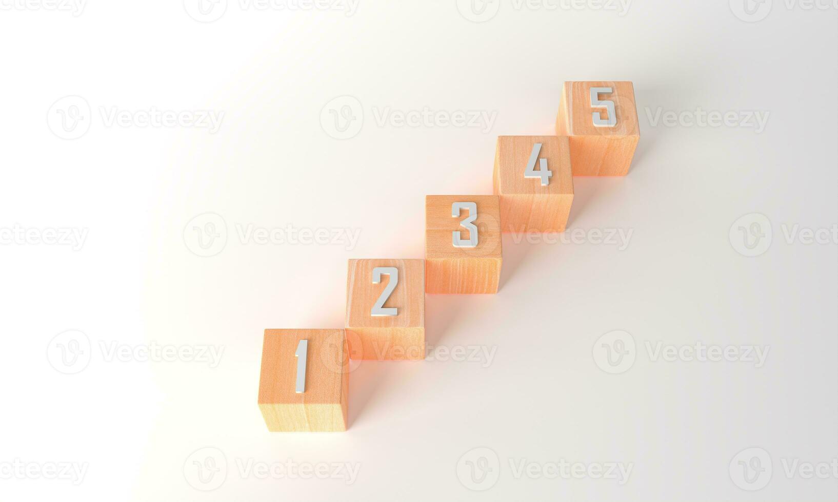 3d rendering business concept minimal. wood cube of arranged in a stairway to success your text banner. 3D render arrange lined up blank wooden cubes on white background copy space for input wording photo