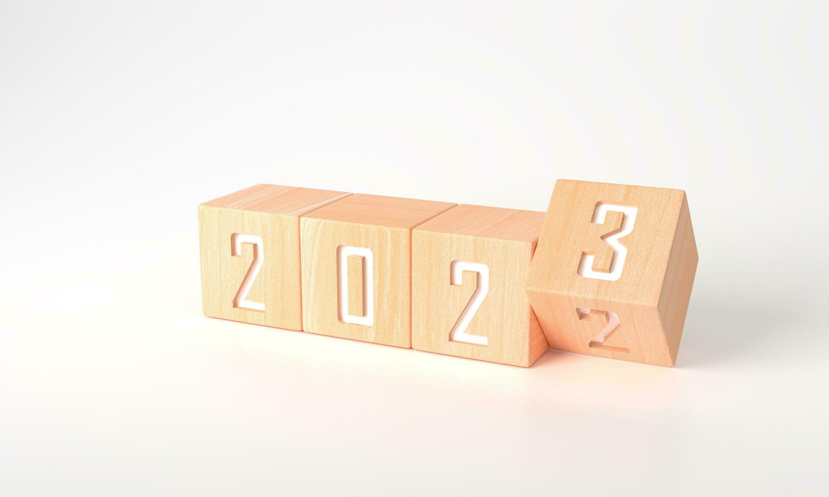 3d rendering of Business plan or Happy new year in 2023 concept for business strategy and development. Minimal wooden cubes 2022 to 2023 text on white background and copy space. Banner new plan. photo