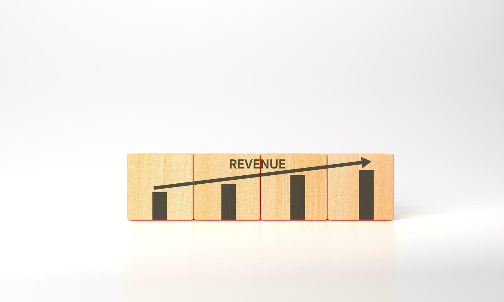 3d rendering Growth of revenue concept. Analytics, plan, goals, strategy, achievement. Financial statement. Goals business success. Placing wooden cubes with revenue and candlestick chart icons photo