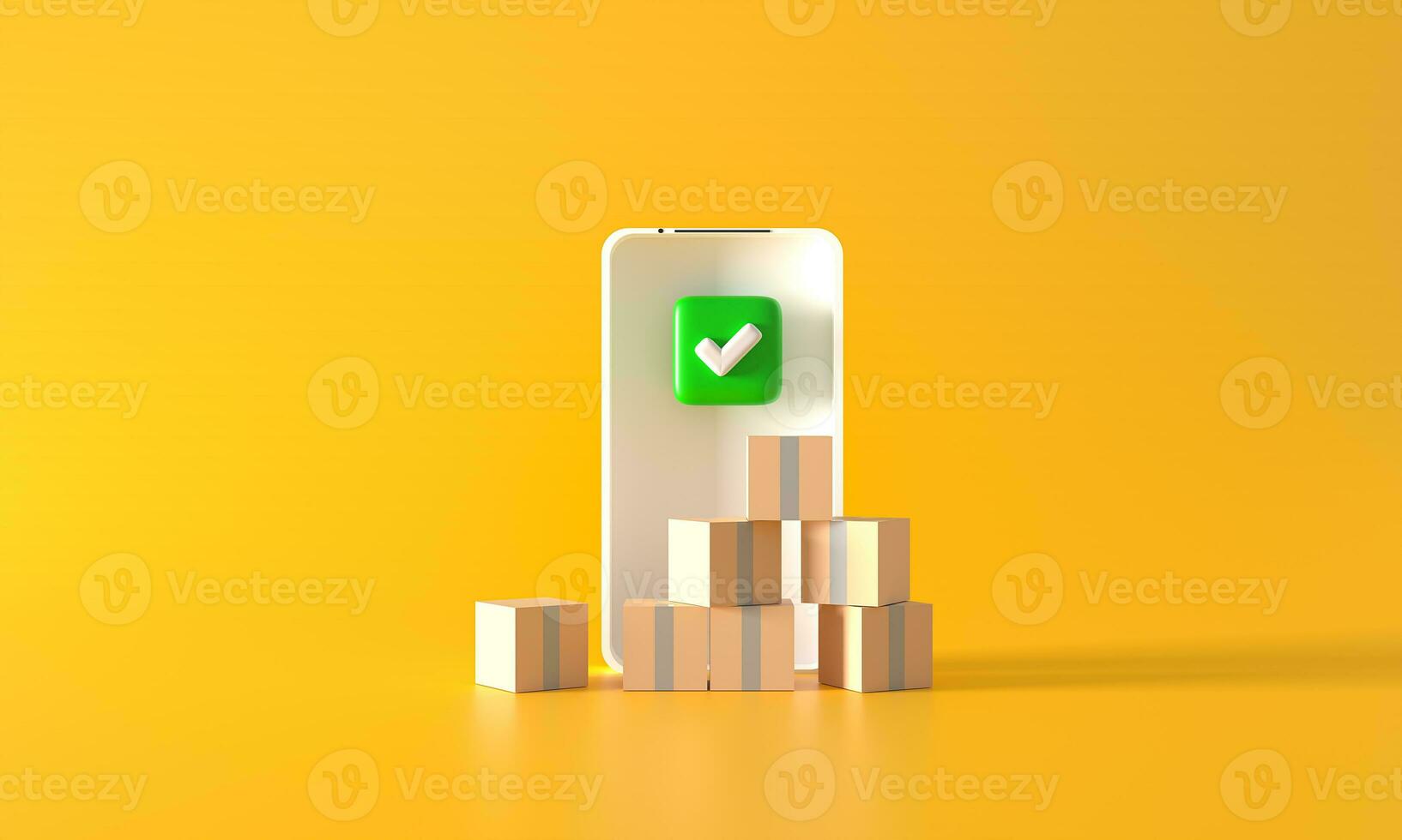 3d rendering Online good parcel Finished delivery. boxes on smartphone on yellow background. service or shipping and global logistic concept, quick and fast cargo shipment. check is correct photo