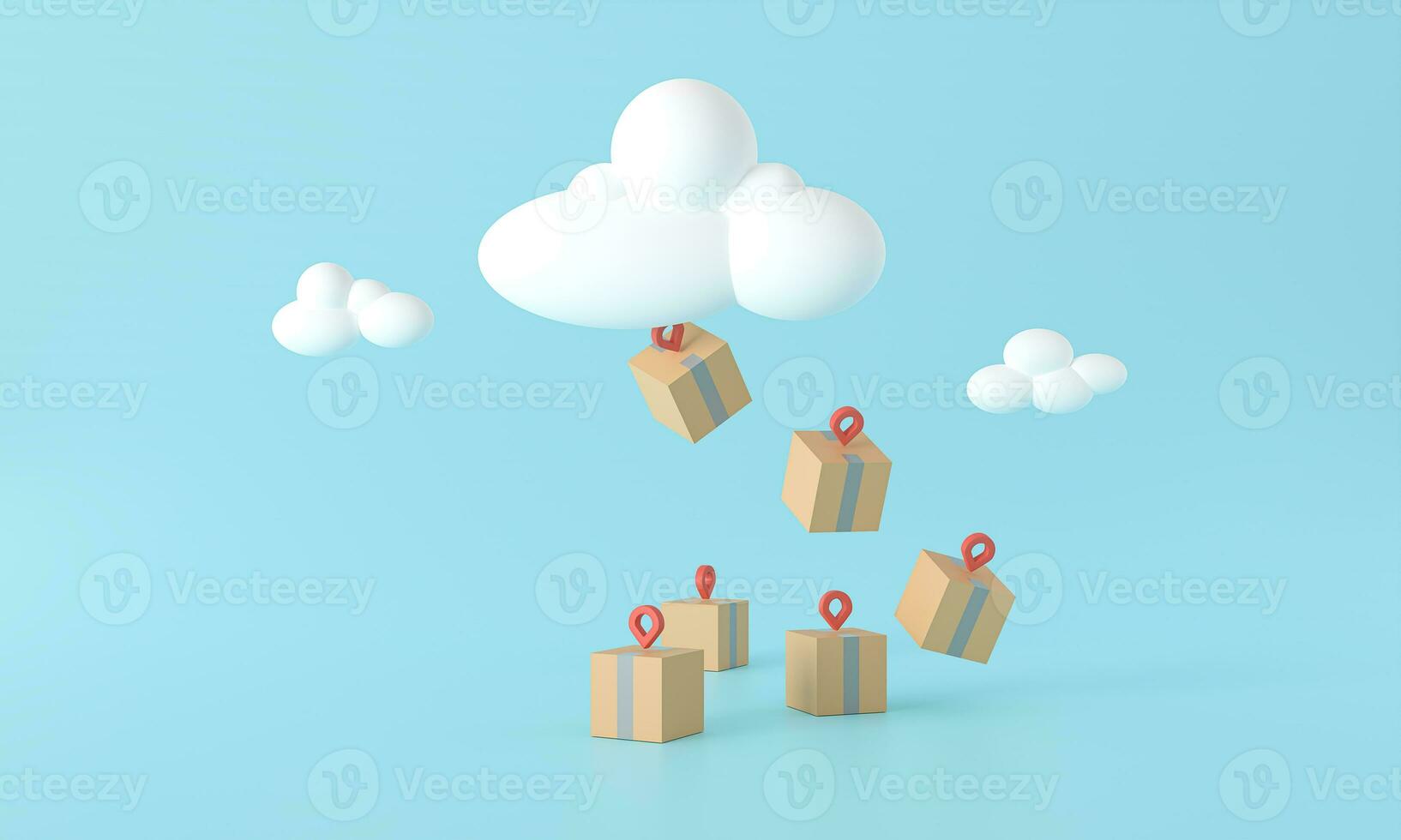 3d rendering good parcel Finished delivery. box point on blue background. service or shipping and global logistic concept, quick and fast cargo shipment. Cloud with paper boxes transport point rain photo