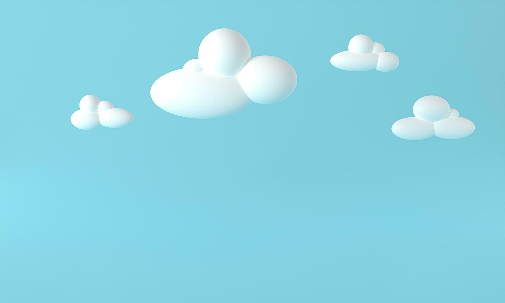 nubes 3d blancas sobre fondo azul. renderizar suaves nubes esponjosas de dibujos animados en el cielo azul. Ilustración de formas geométricas 3d. Representación 3D de fondo horizontal con nubes. bandera azul cielo foto