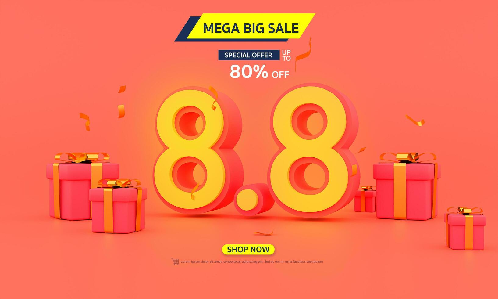 3d rendering of 88 shopping day poster or banner with gift box on holiday red background. sales banner template pastel design for social media and website. Mega sale 88 best special offer.illustration photo