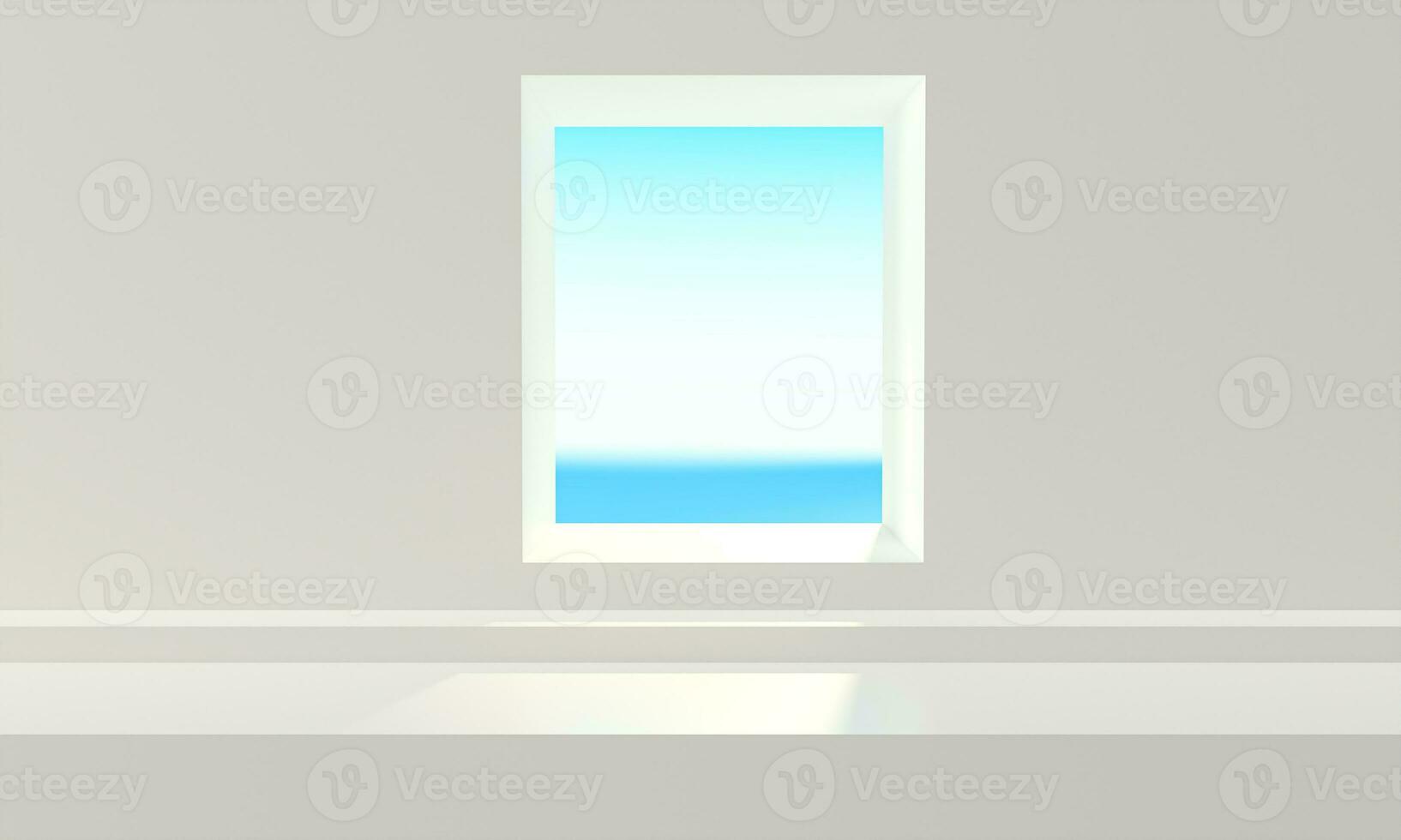 scene for product beside terrace modern minimal and luxury, sea view in window at vacation. 3d rendering illustration tourist resort. Holiday summer season fantasy and reality into dreamlike spaces photo
