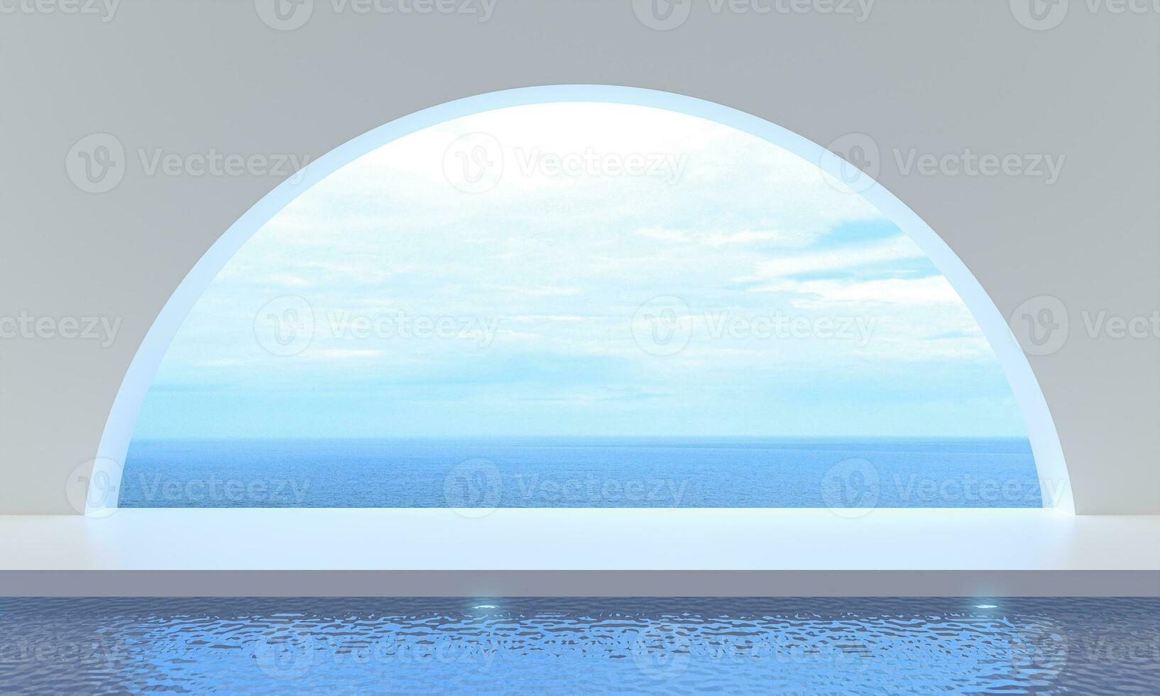 Sea view beside terrace and beds in modern luxury, swimming on sea view at vacation. 3d rendering illustration of tourist resort. Holiday in summer season  fantasy and reality into dreamlike spaces. photo