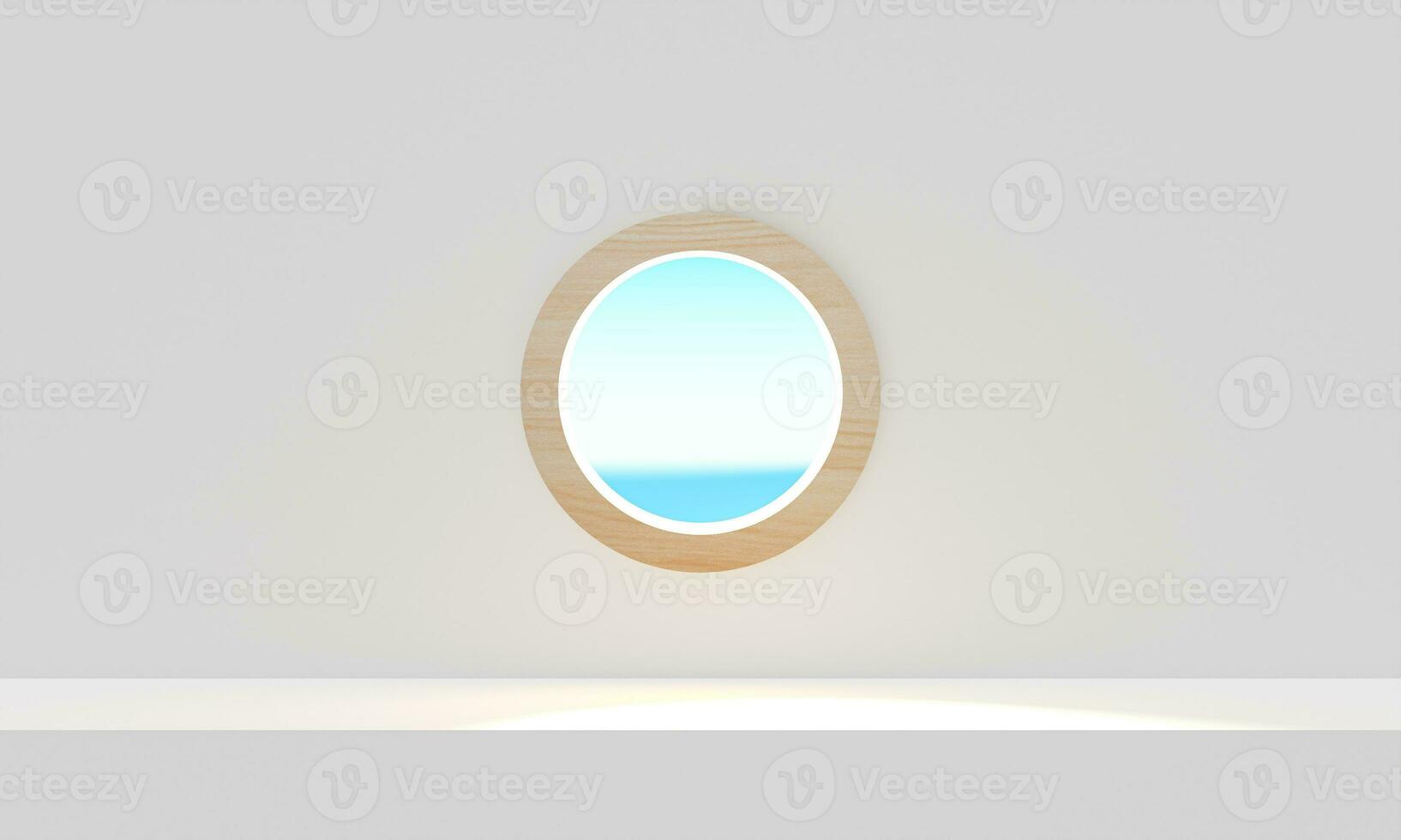 scene for product beside terrace modern minimal and luxury, sea view in circle at vacation. 3d rendering illustration tourist resort. Holiday summer season fantasy and reality into dreamlike spaces photo