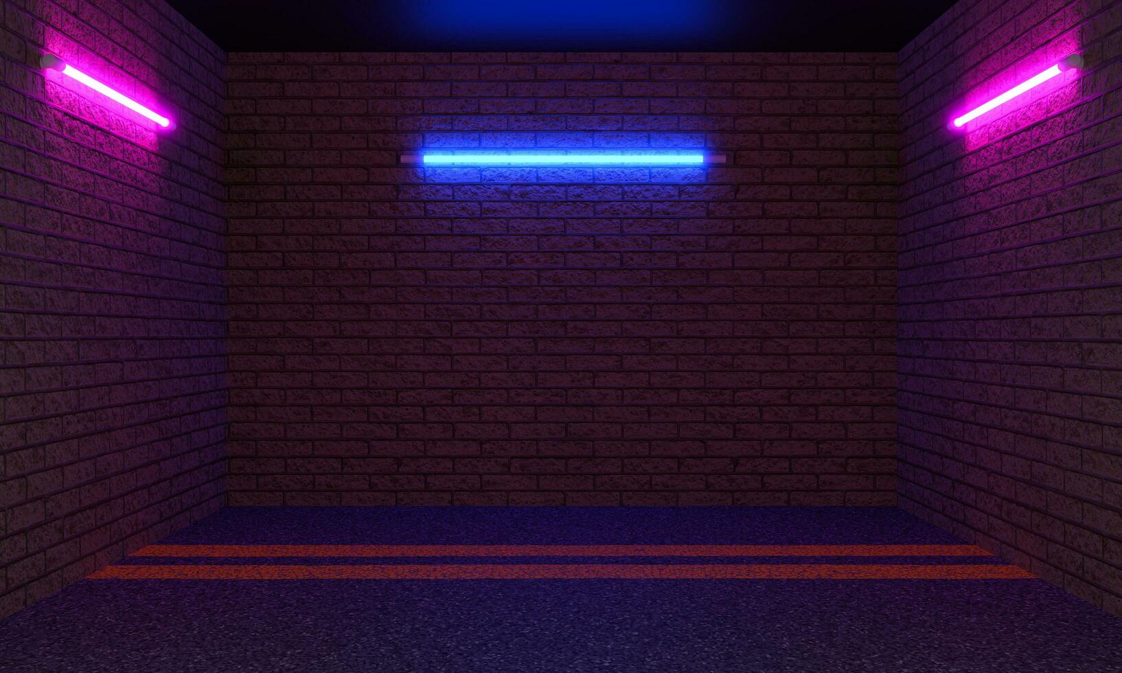 blue-purple pink neon light product background stage or podium pedestal on grunge street floor with glow spotlight and blank display platform. 3D rendering. photo
