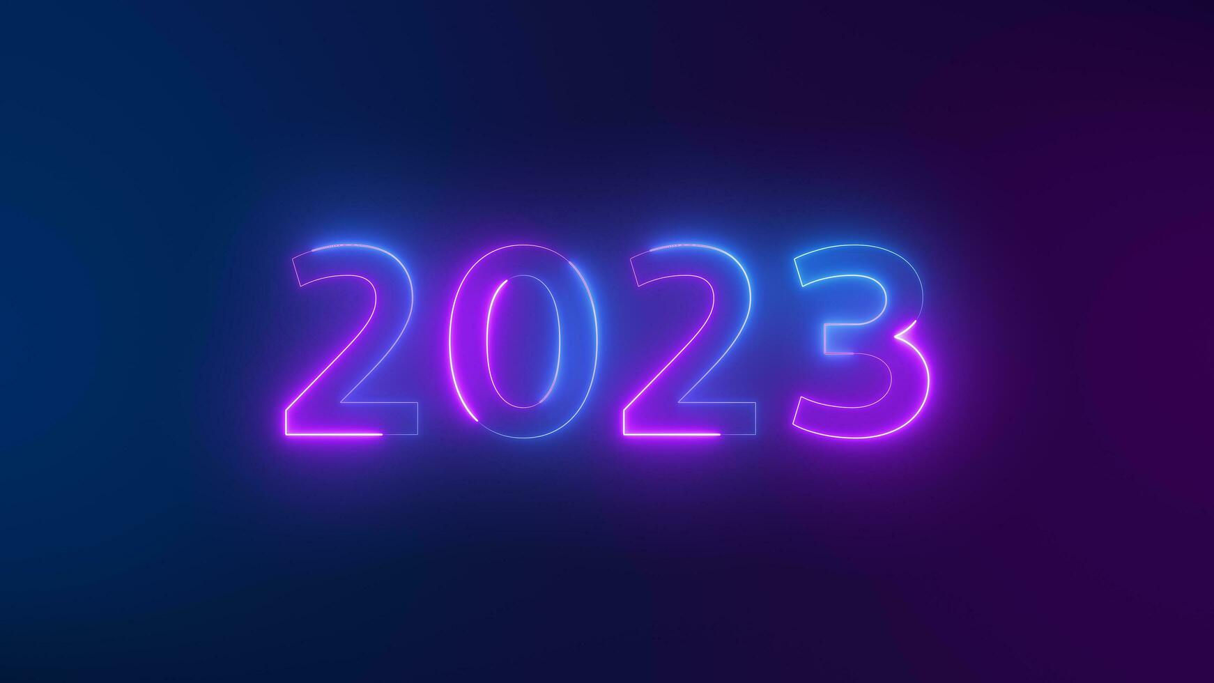 top ten countdown neon light bright glowing numbers from 10 to 1 seconds and HAPPY NEW YEAR 2023. Purple and blue Neon Countdown on dark background. Running dynamic light Numbers animated for intros photo