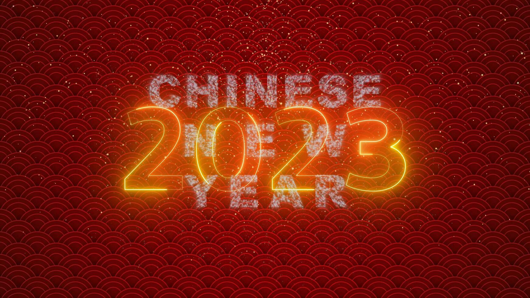 Countdown Happy Chinese New Year, Lunar New Year or Spring Festival text neon and firework 2023 with Oriental ornamental elements and Zodiac sign the Rabbit. Chinese translation Happy new year photo