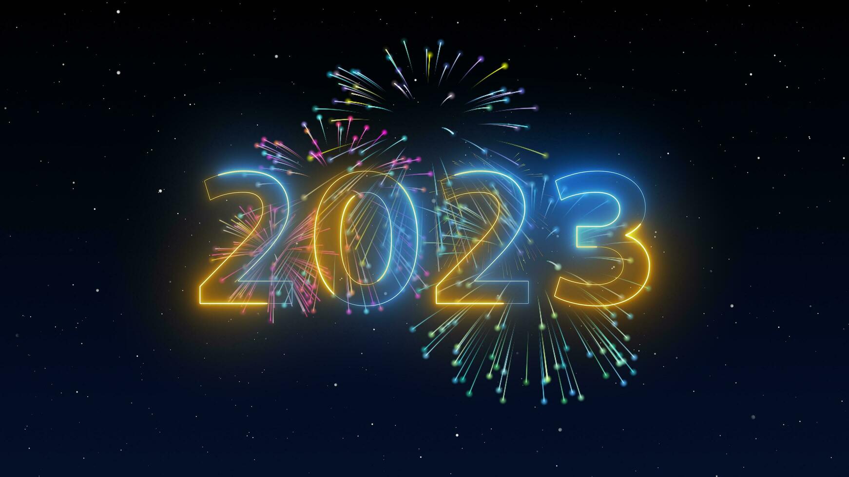 2023 Happy New Year Fireworks on dark night blue sky background with decoration with neon number on yellow and blue background. illustration winter festival season for card and template. modern event photo