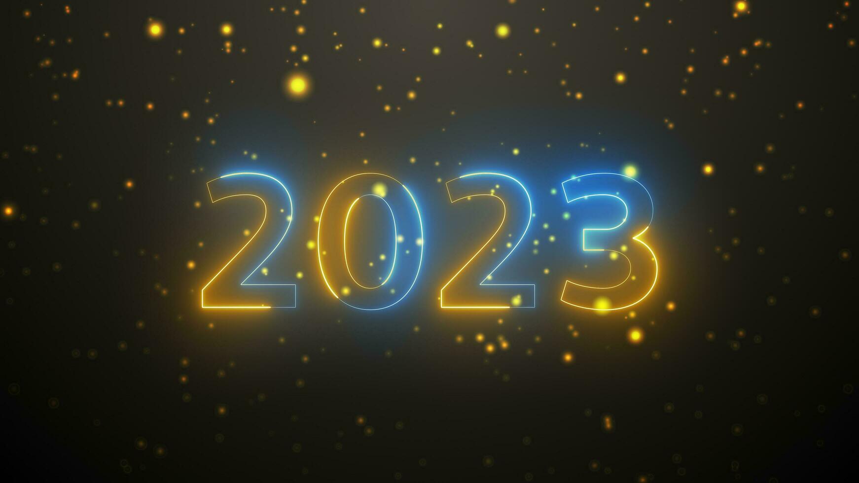 Animated trail of golden bokeh particles. Magical light. Merry Christmas and 2023 happy new year golden intro template and background. Gold Snow with Falling Snowflakes Winter Animation. Celebration photo