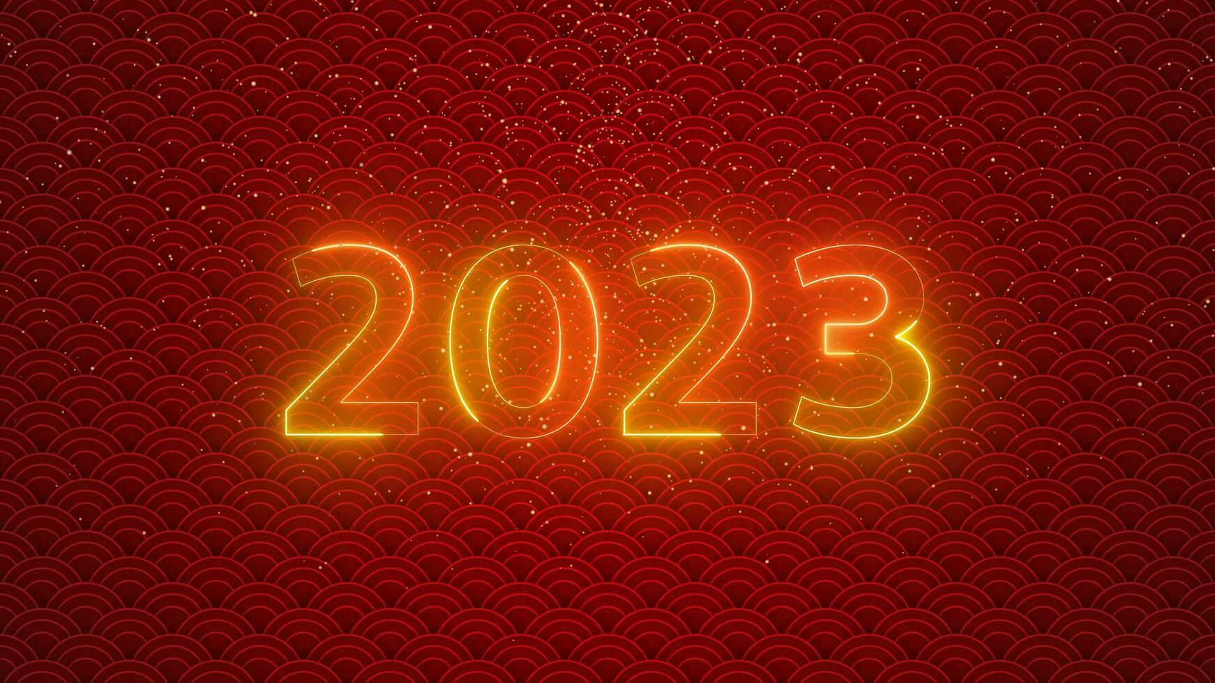Countdown Happy Chinese New Year, Lunar New Year or Spring Festival text neon and firework 2023 with Oriental ornamental elements and Zodiac sign the Rabbit. Chinese translation Happy new year photo