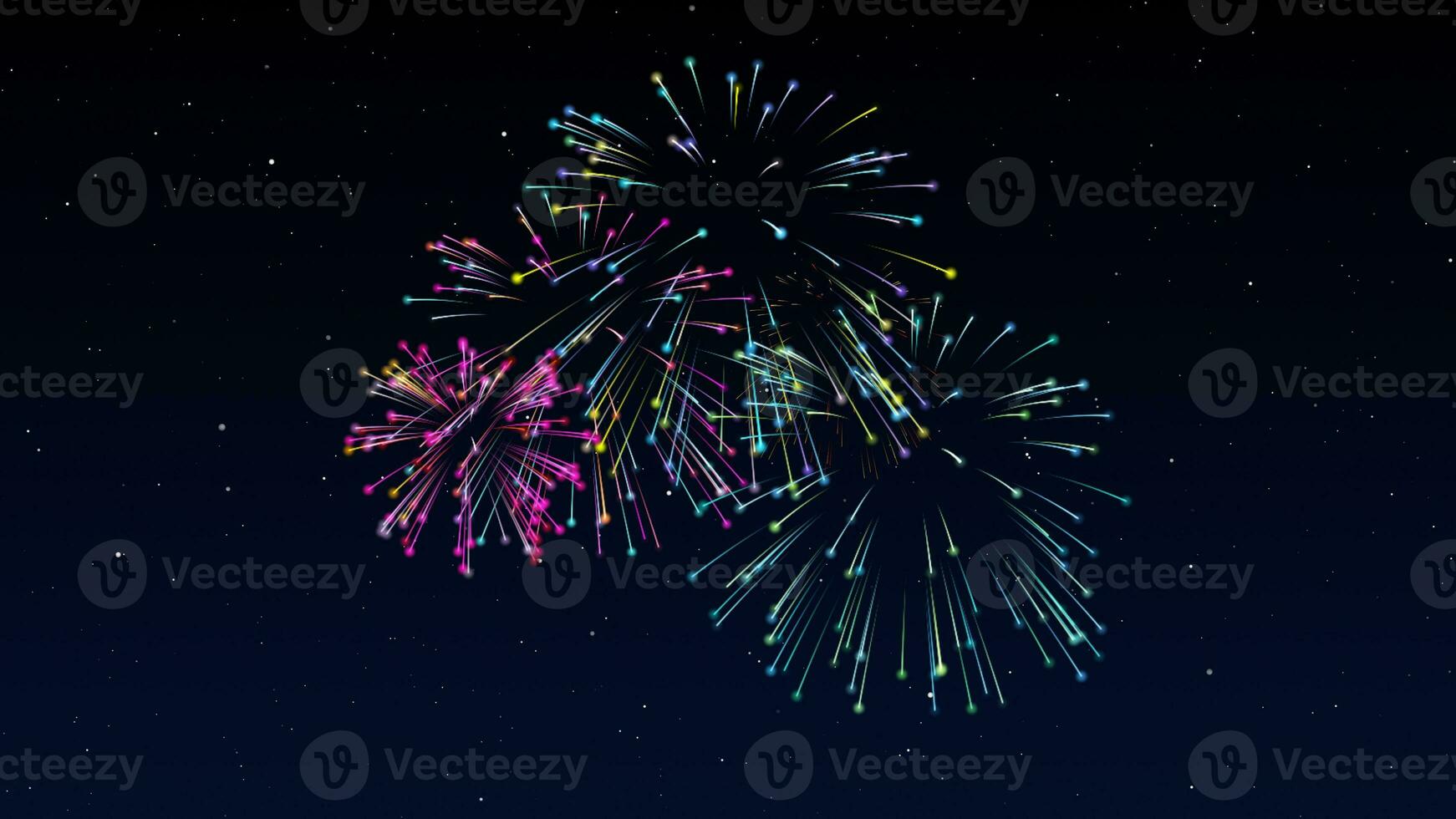 Happy New Year Fireworks on dark night blue sky background with decoration with neon number  on Purple and blue background. illustration winter festival season for card and template. modern event photo