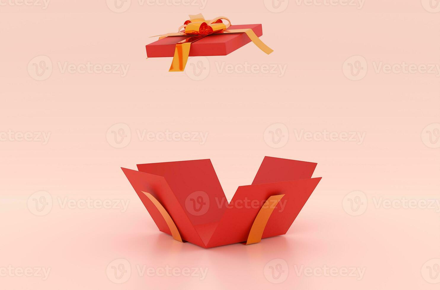 Open Christmas gift box for product advertisement on red or pink background, 3d rendering illustration. Holiday banner, web poster, flyer, stylish brochure, greeting card, Xmas background photo