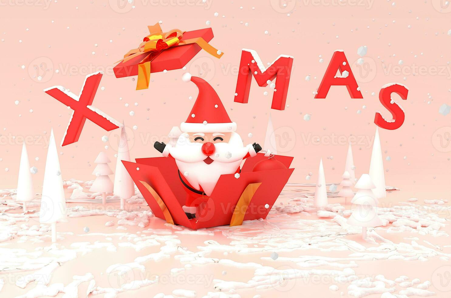 Merry Christmas and Happy New Year snow season. 3d render gifts boxes. Open gift box full with Santa Claus inside. Holiday banner, web poster, flyer, stylish brochure, greeting card, Xmas background photo