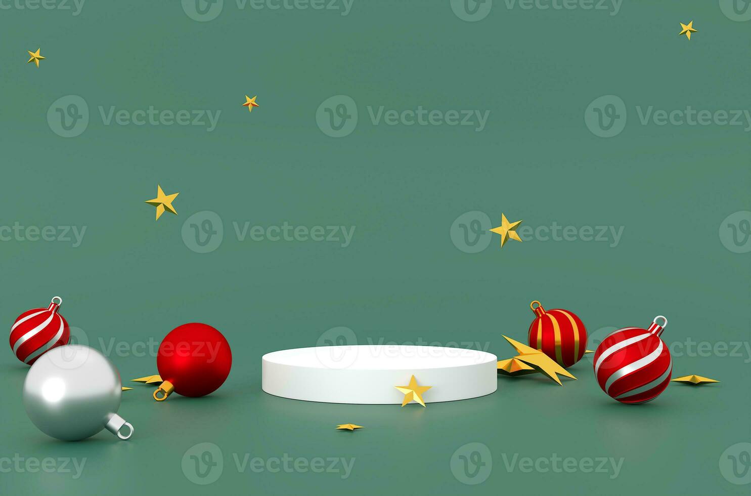 3D rendering  product display stands or stage, with ball and stars model on pastel green background. Luxury Christmas sale presentation scene. happy new year scene for product display presentation photo