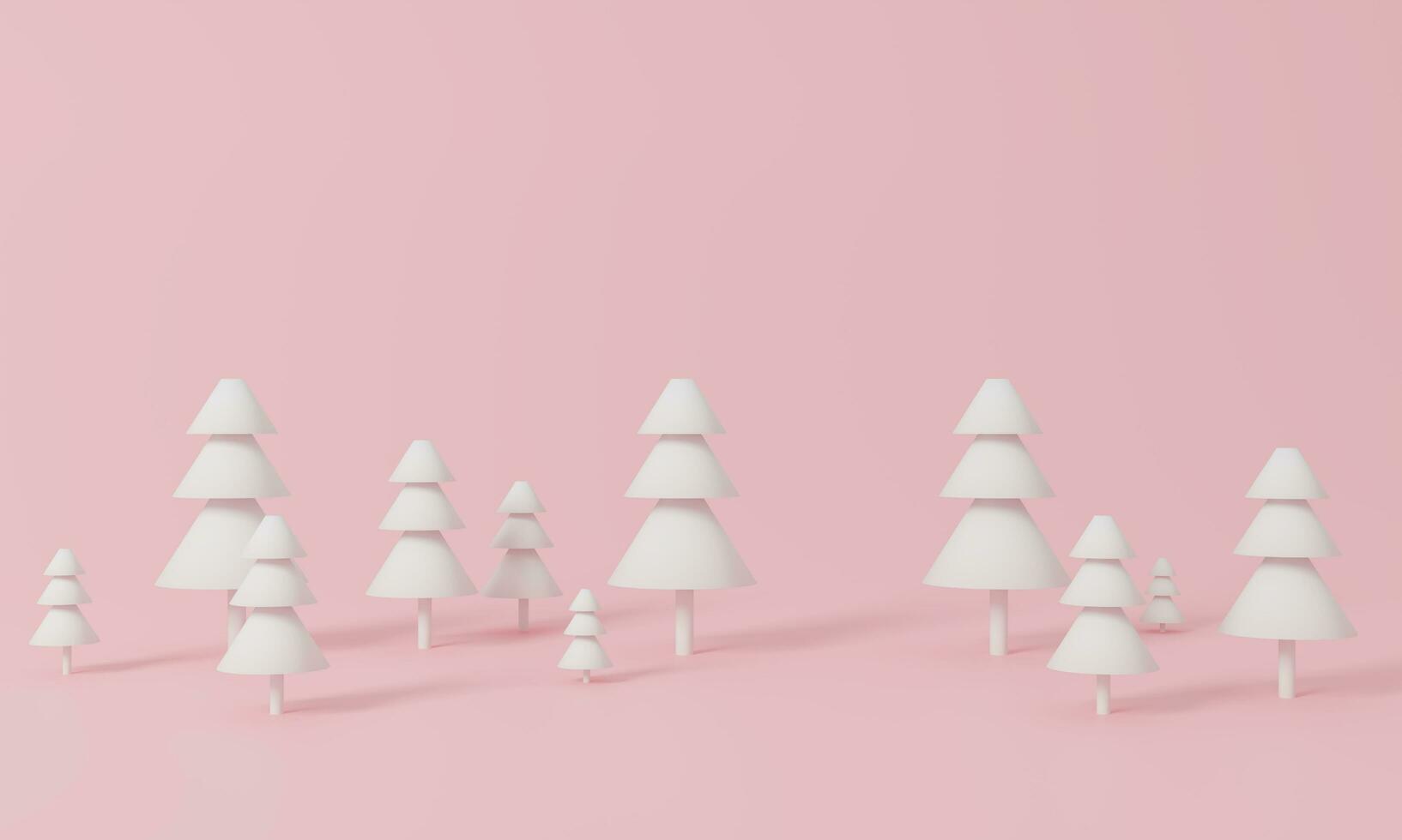 Happy New Year. Winter holiday landscape with snowdrifts and snowy fir simple trees. 3d rendering illustration. Seasonal nature background. Frosty snow hills. minimal style pink pastel photo