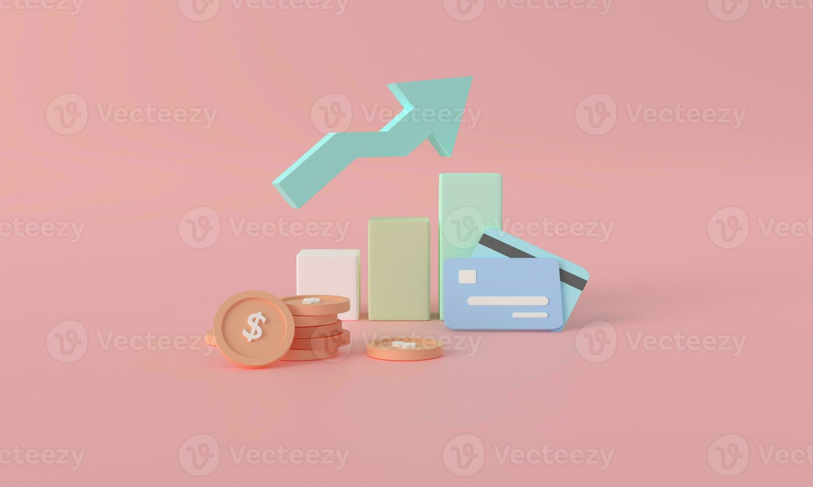 Digital Savings 3D Rendering of Credit Card with Coins on pastel pink Background - Illustrating the Concept of a Cashless Society and Money-Saving. Earning income is increasing with graph. photo