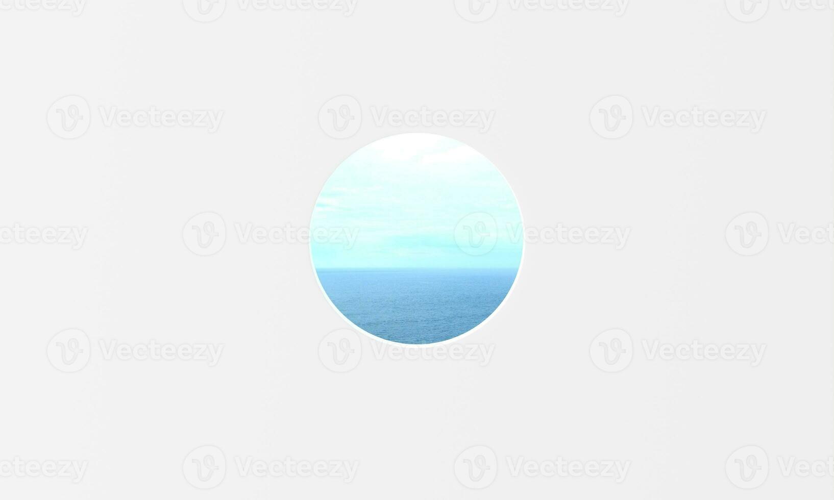 scene for white wall modern minimal and luxury, sea view in circle at vacation. 3d rendering illustration tourist resort. Holiday summer season living room reality into dreamlike spaces photo