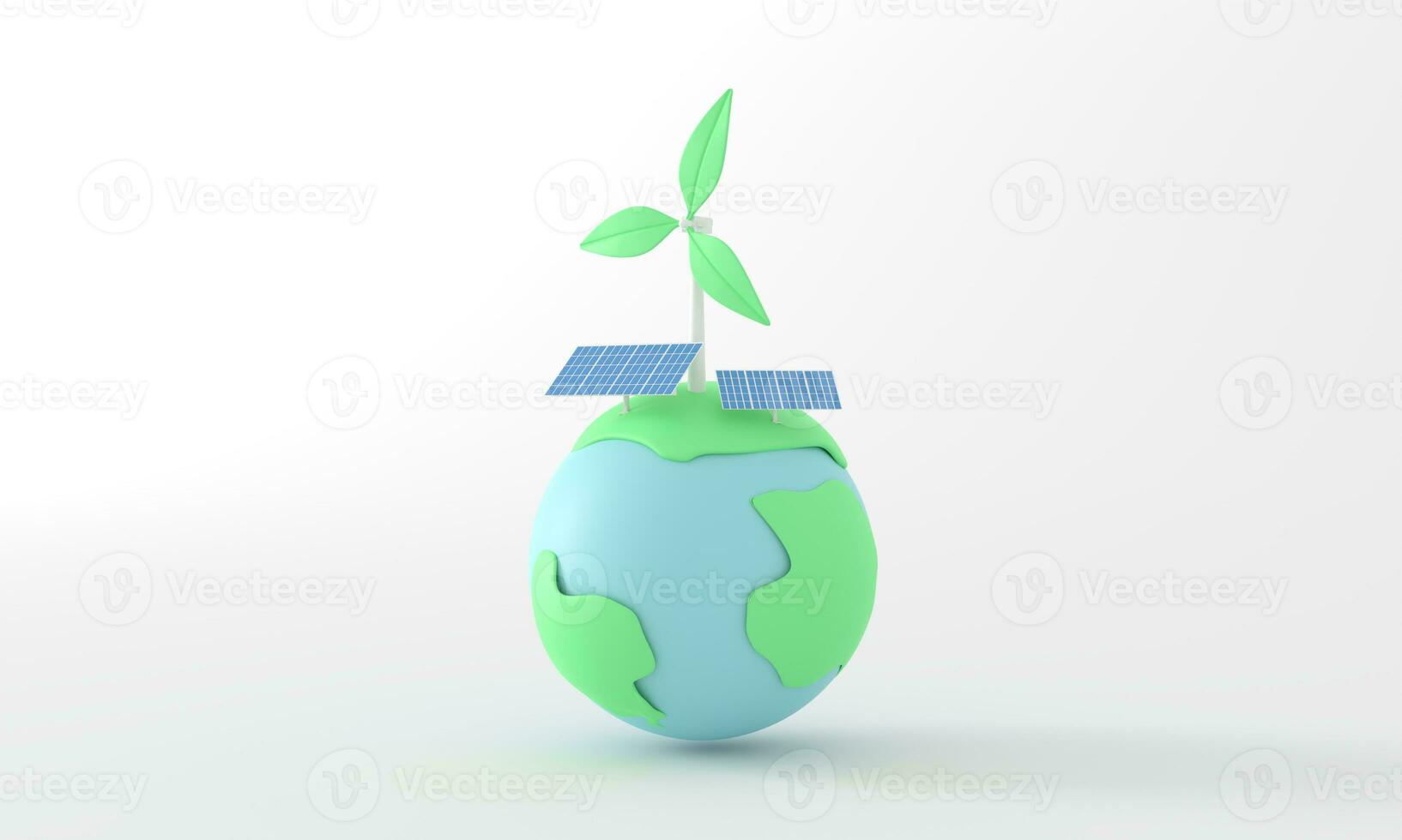 3d Globe tree and solar cell windmill. Earth Day Save World Environment icon concept. icon isolated on white background. 3d rendering illustration. Clipping path isolated photo