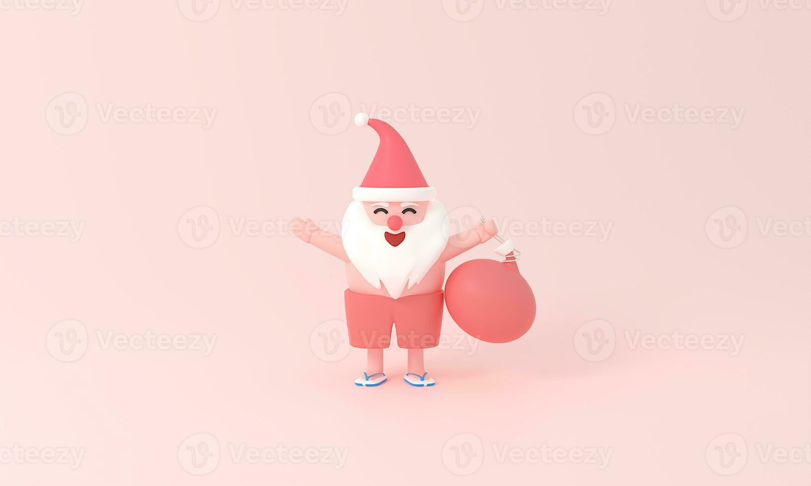 Elevate your festivities with a 3D rendering Santa Claus in a Summer Christmas ambiance. Craft imaginative decor blending seasonal summer and 3D artistry for a magical holiday experience. photo