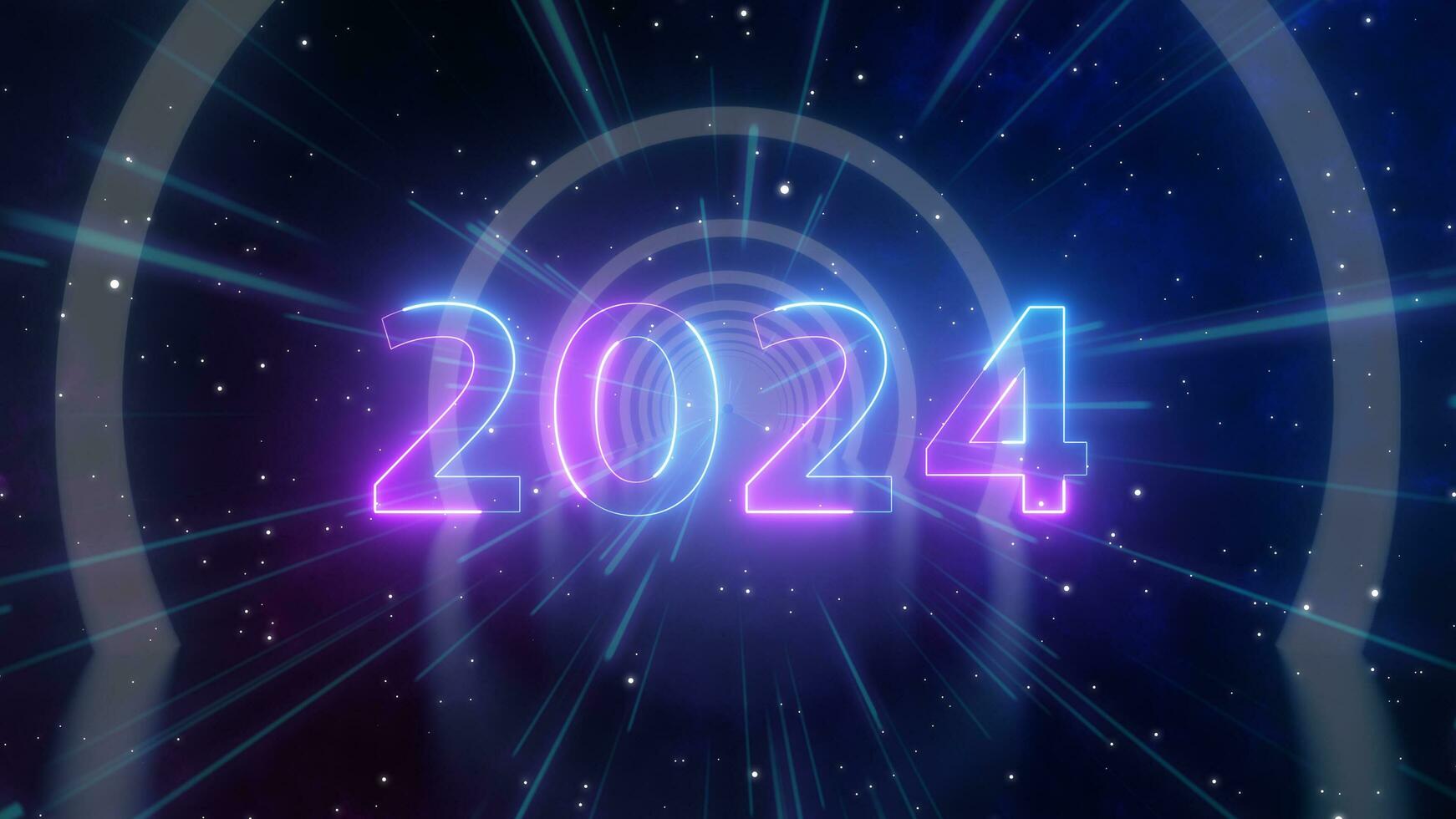 2024 motion of glowing neon ring and dark galaxy star background. Cyber Futuristic High Speed light zoom. Circles laser show fashion. Backdrop beam blur Flare.Abstract Light fast night with way space photo