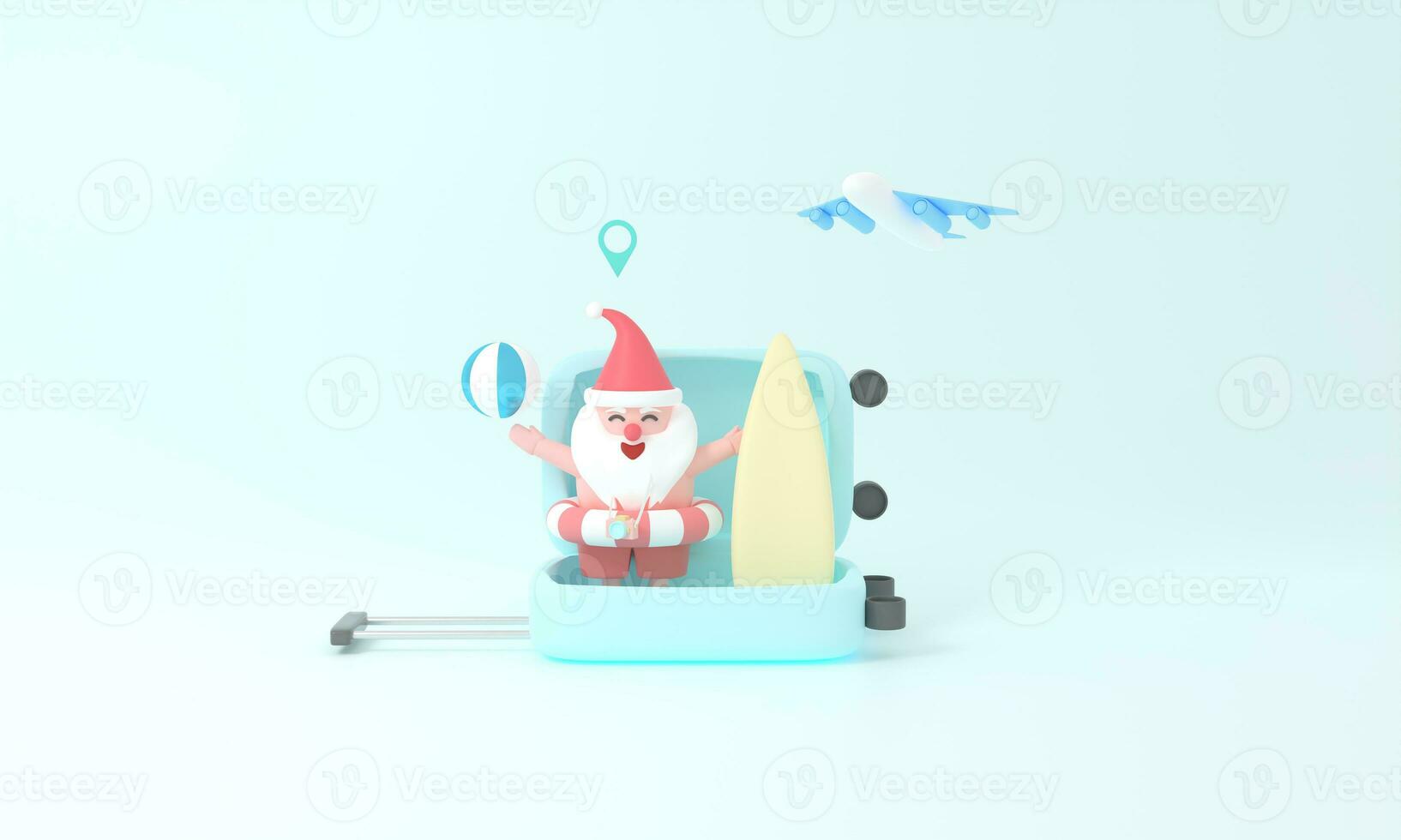 3D rendering Santa Claus on suitcase travel.magic of Summer Christmas and book a plane ticket concept. Celebrate season with festive pastel decor and embark on an imaginative journey of creativity. photo