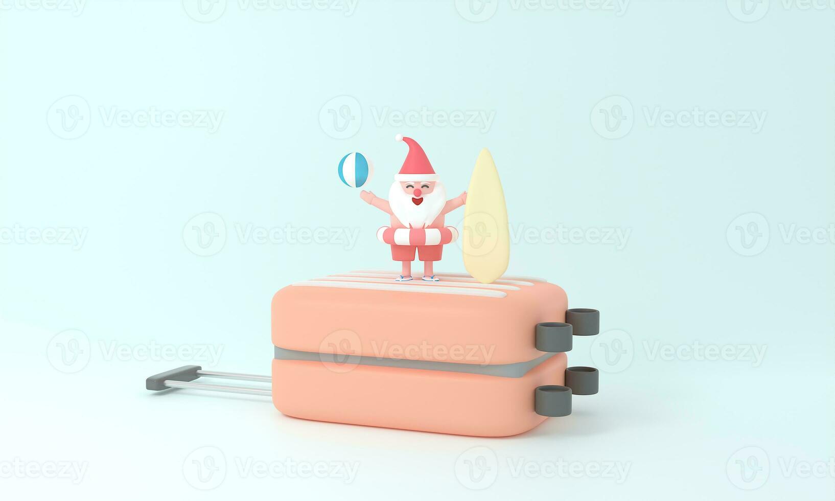 whimsical journey as 3D rendering Santa Claus adorns a travel-themed suitcase in a pastel Summer Christmas scene. Craft unique decor that marries festive cheer with creativity a captivating holiday photo