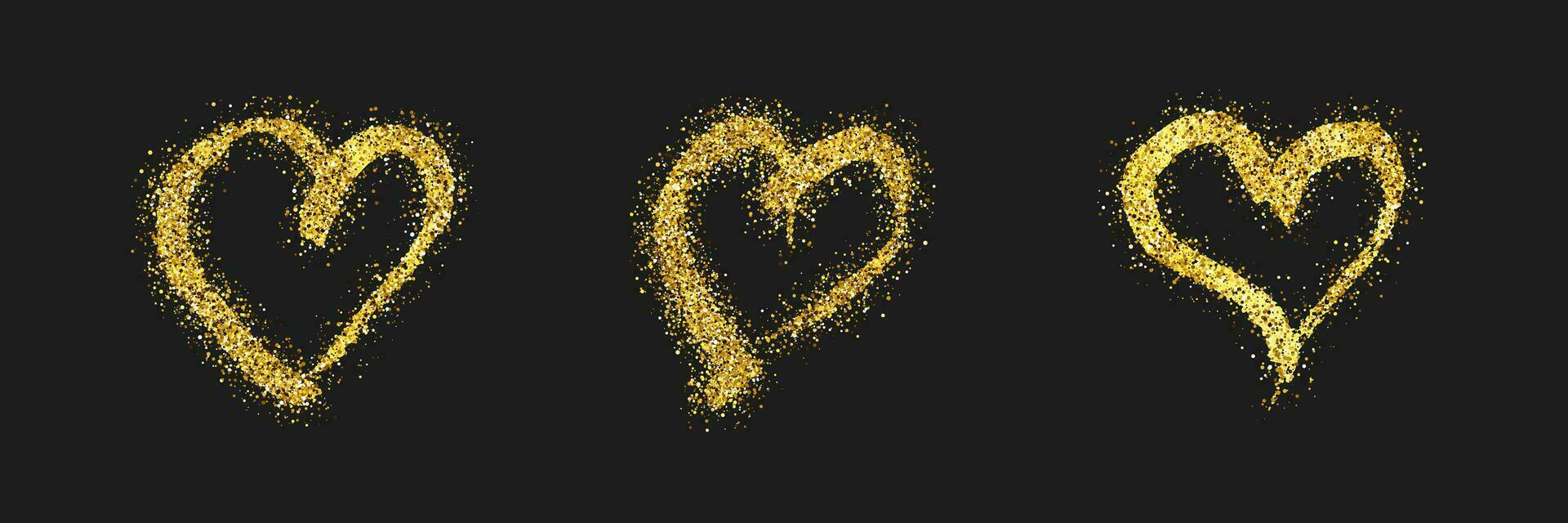 Set of three gold glitter doodle hearts on dark background. Gold grunge hand drawn heart. Romantic love symbol. Vector illustration.