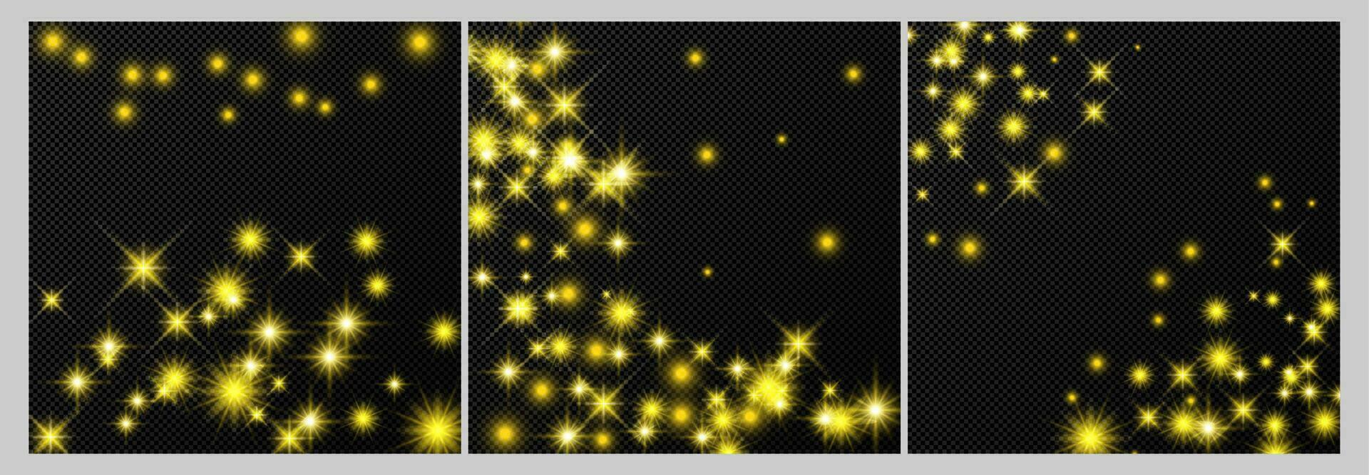 Set of three gold backdrops with stars and dust sparkles isolated on dark background. Celebratory magical Christmas shining light effect. Vector illustration.