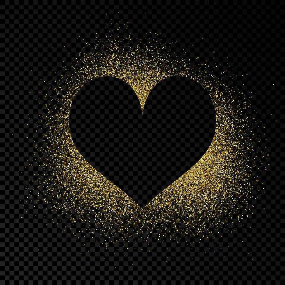 Heart shape frame with golden glitter on dark background. Greeting card with empty dark background. Vector illustration.