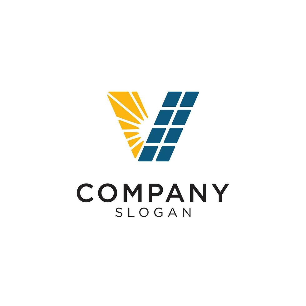 letter v logo with solar elements and solar panels . The sun with sunray spark. Editable and easy to custom vector