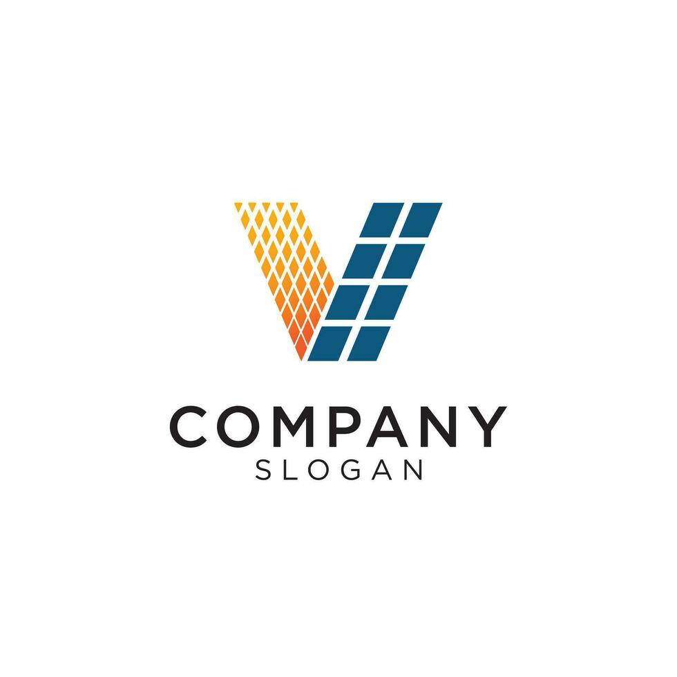 letter v logo with solar elements and solar panels separated in square apart. Editable and easy to custom vector