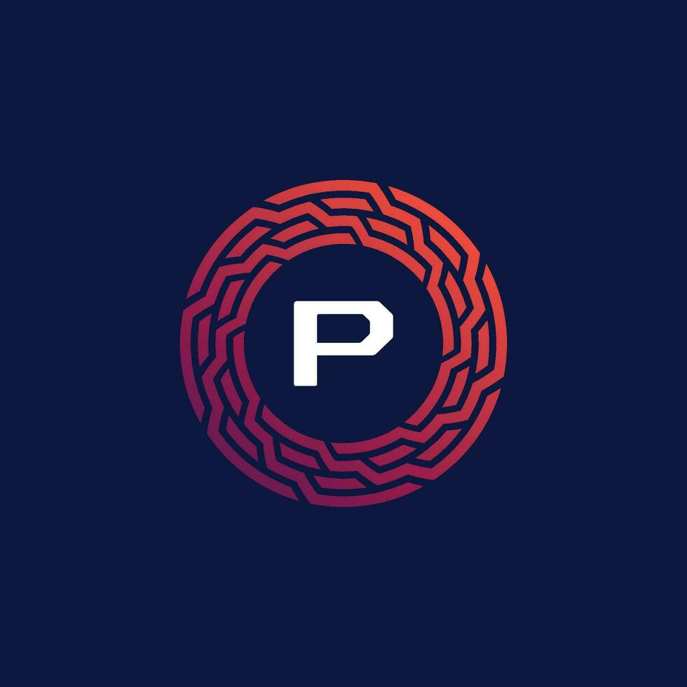 Modern tech circle emblem letter P frame logo vector