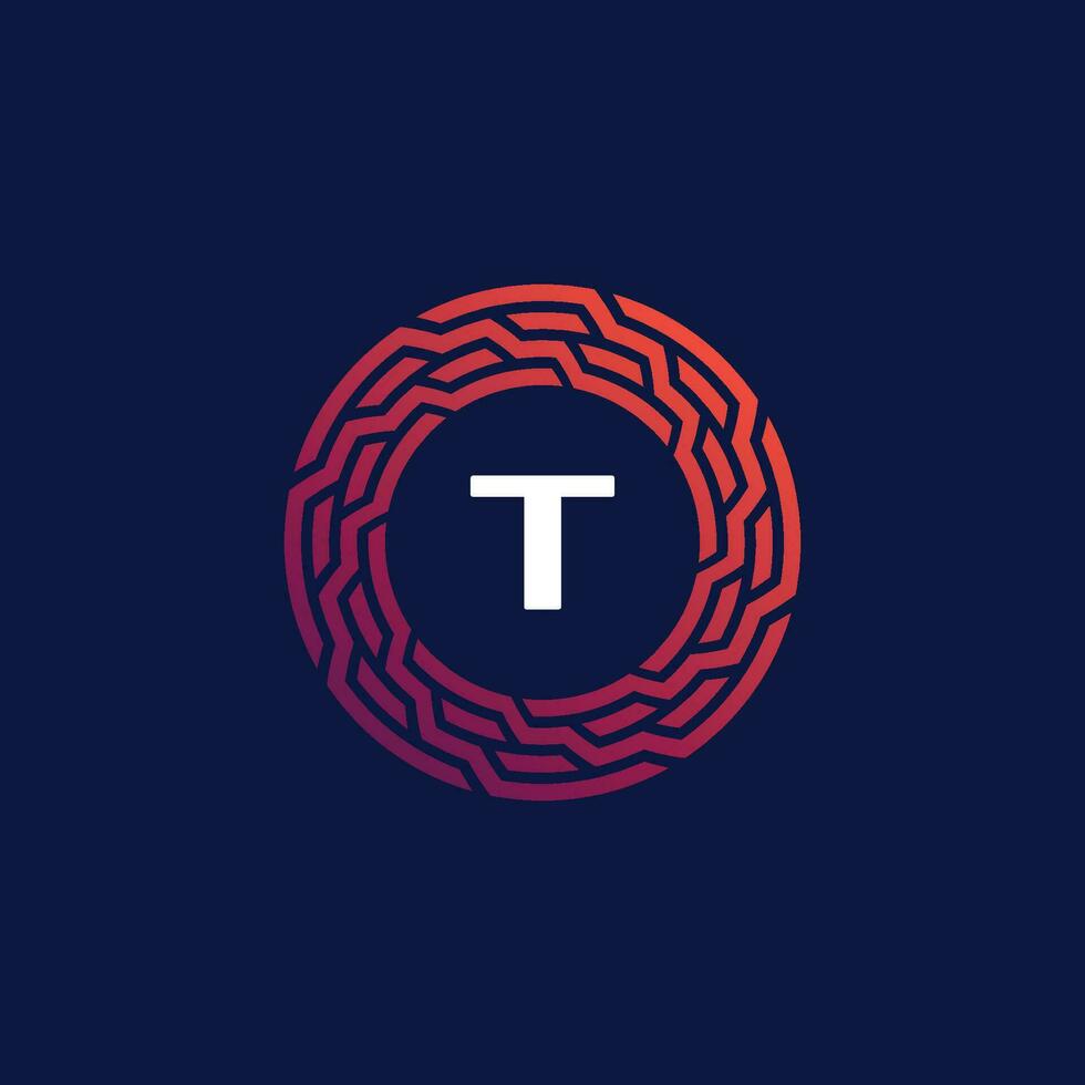 Modern tech circle emblem letter T frame logo vector