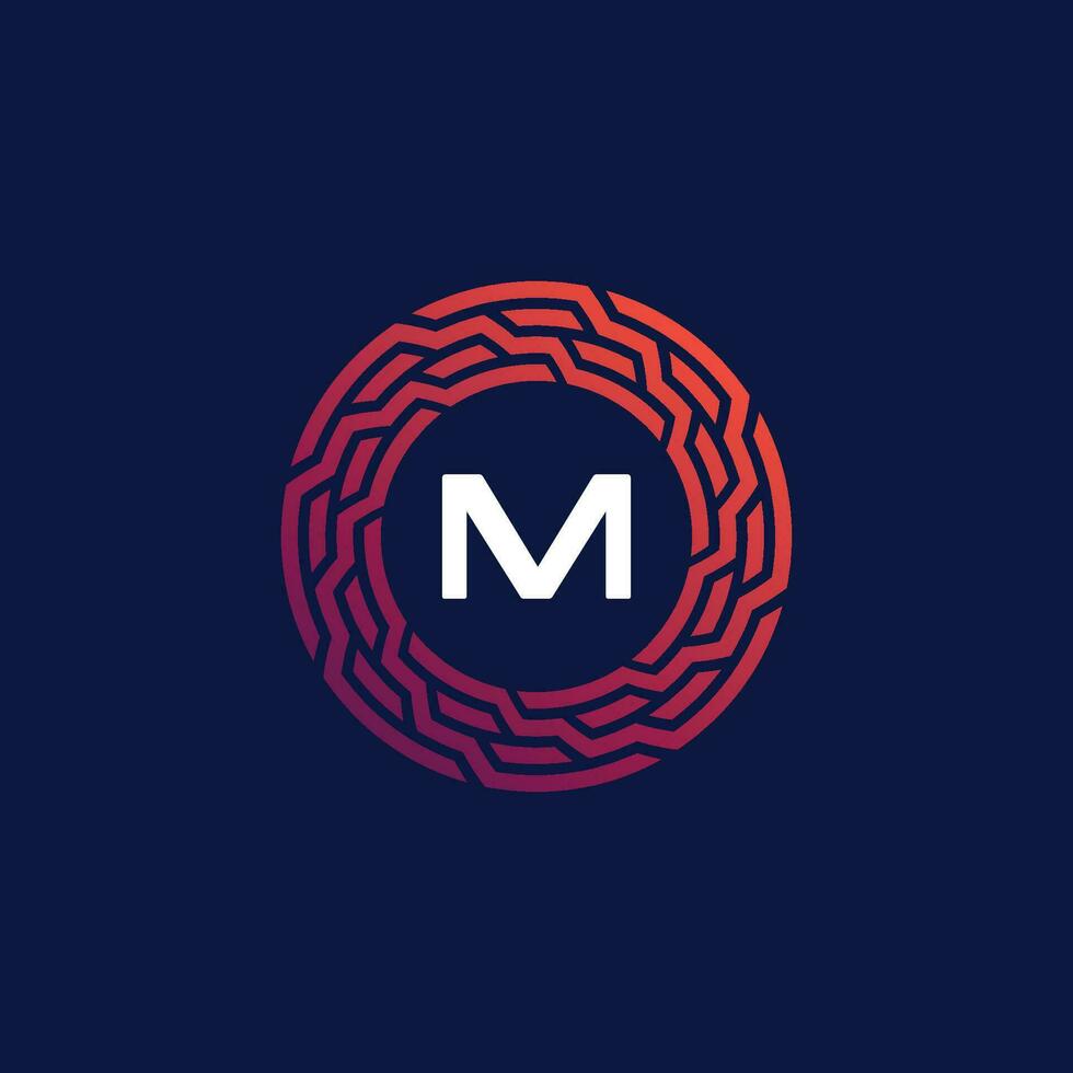 Modern tech circle emblem letter M frame logo vector